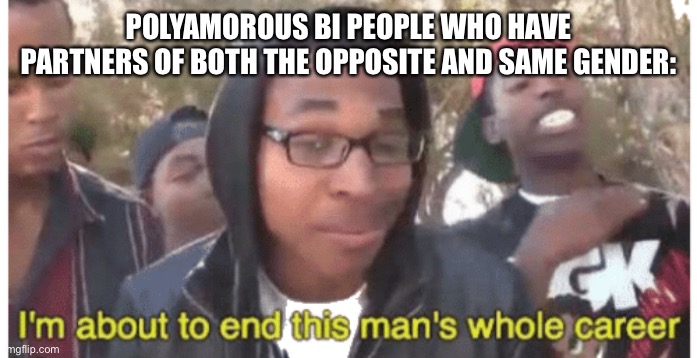 i'm gonna end this man's whole career | POLYAMOROUS BI PEOPLE WHO HAVE PARTNERS OF BOTH THE OPPOSITE AND SAME GENDER: | image tagged in i'm gonna end this man's whole career | made w/ Imgflip meme maker