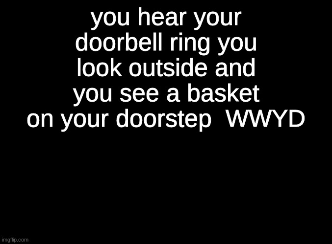 WWYD | you hear your doorbell ring you look outside and you see a basket on your doorstep  WWYD | image tagged in blank black,roleplaying | made w/ Imgflip meme maker