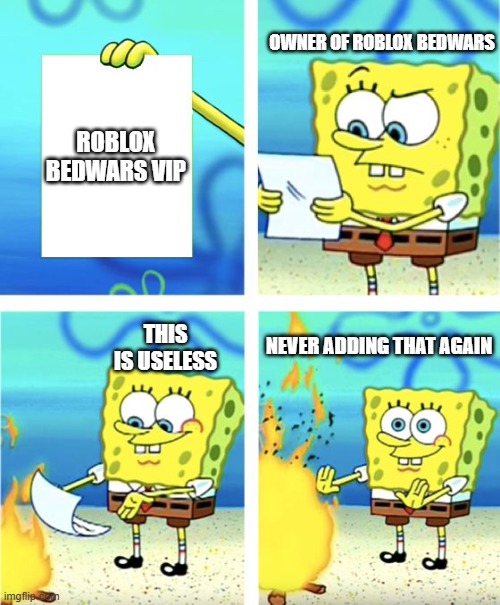 when the vip is useless | OWNER OF ROBLOX BEDWARS; ROBLOX BEDWARS VIP; THIS IS USELESS; NEVER ADDING THAT AGAIN | image tagged in spongebob burning paper | made w/ Imgflip meme maker