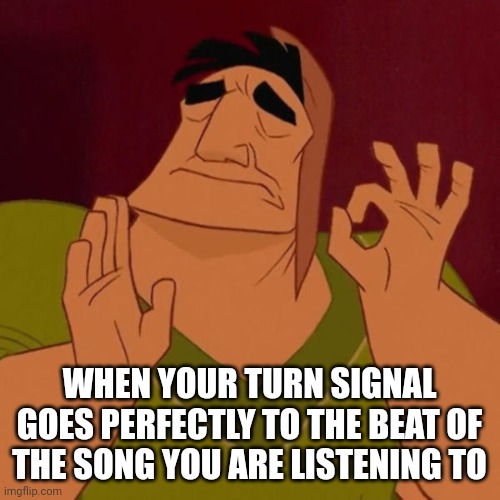 Pacha perfect | WHEN YOUR TURN SIGNAL GOES PERFECTLY TO THE BEAT OF THE SONG YOU ARE LISTENING TO | image tagged in pacha perfect | made w/ Imgflip meme maker