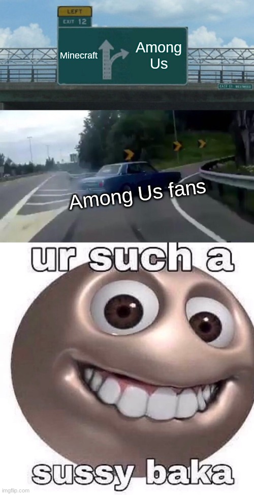For the sussy bakas | Minecraft; Among Us; Among Us fans | image tagged in memes,left exit 12 off ramp,sussy baka,among us | made w/ Imgflip meme maker