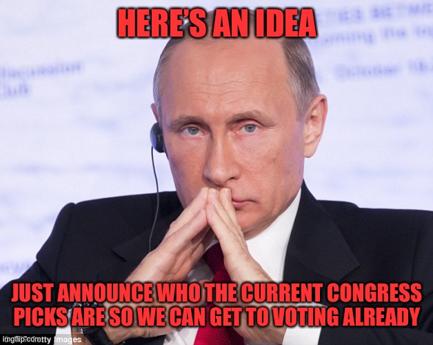 We need Congress to get to work, otherwise voting for LA was all for nothing if we can’t get anything done | HERE’S AN IDEA; JUST ANNOUNCE WHO THE CURRENT CONGRESS PICKS ARE SO WE CAN GET TO VOTING ALREADY | image tagged in putin plotting | made w/ Imgflip meme maker