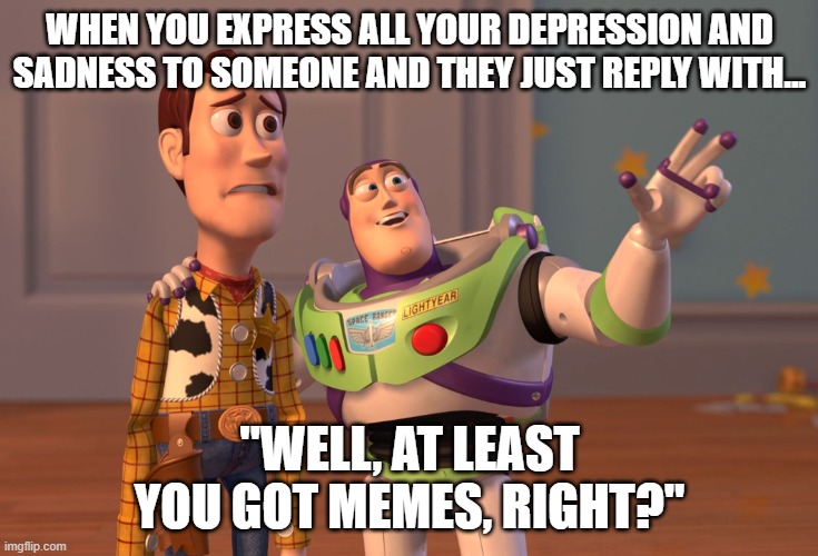 X, X Everywhere | WHEN YOU EXPRESS ALL YOUR DEPRESSION AND SADNESS TO SOMEONE AND THEY JUST REPLY WITH... "WELL, AT LEAST YOU GOT MEMES, RIGHT?" | image tagged in memes,x x everywhere | made w/ Imgflip meme maker