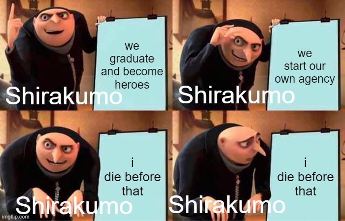 Shirakumo's plan | we graduate and become heroes; we start our own agency; Shirakumo; Shirakumo; i die before that; i die before that; Shirakumo; Shirakumo | image tagged in memes,gru's plan,mha,my hero academia,shirakumo,loud cloud | made w/ Imgflip meme maker