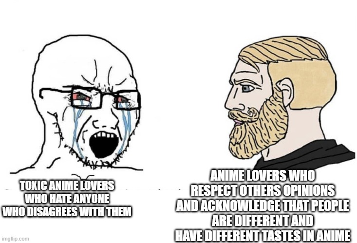 Soyboy Vs Yes Chad | ANIME LOVERS WHO RESPECT OTHERS OPINIONS AND ACKNOWLEDGE THAT PEOPLE ARE DIFFERENT AND HAVE DIFFERENT TASTES IN ANIME; TOXIC ANIME LOVERS WHO HATE ANYONE WHO DISAGREES WITH THEM | image tagged in soyboy vs yes chad | made w/ Imgflip meme maker