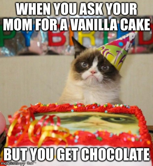 me on my birthday | WHEN YOU ASK YOUR MOM FOR A VANILLA CAKE; BUT YOU GET CHOCOLATE | image tagged in memes,grumpy cat birthday,grumpy cat | made w/ Imgflip meme maker
