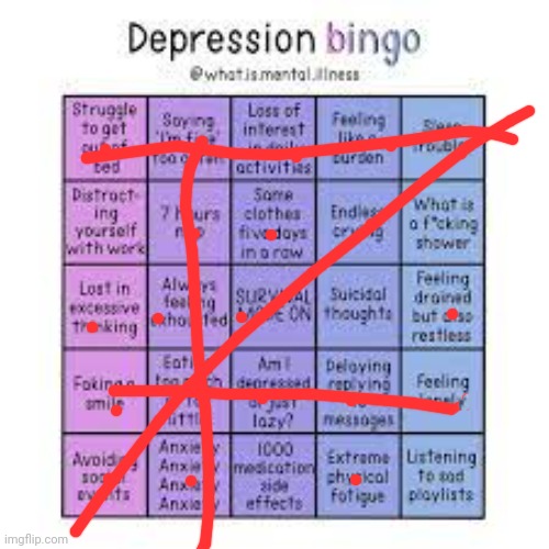 20/25, 4 bingos. I don't wanna blackout... ): | image tagged in depression bingo | made w/ Imgflip meme maker