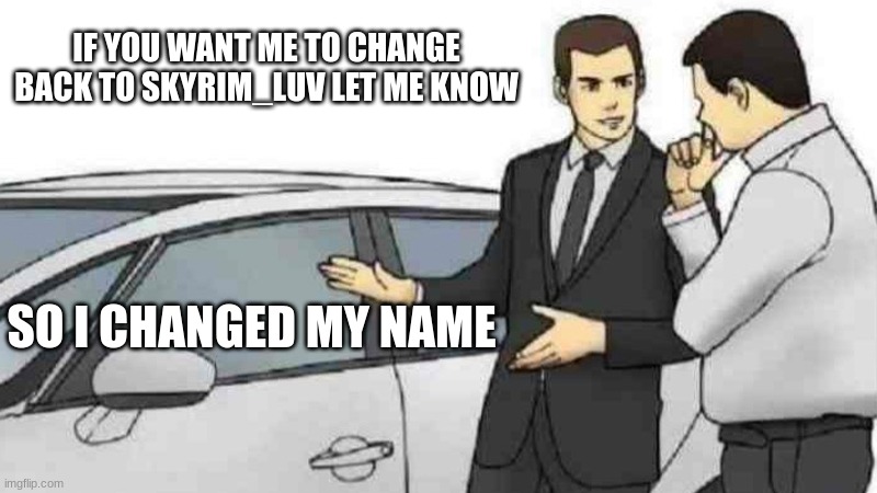 Car Salesman Slaps Roof Of Car | IF YOU WANT ME TO CHANGE BACK TO SKYRIM_LUV LET ME KNOW; SO I CHANGED MY NAME | image tagged in memes,car salesman slaps roof of car | made w/ Imgflip meme maker