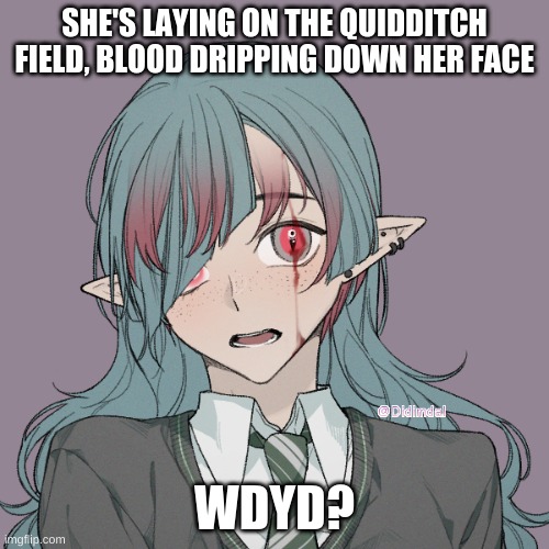 Let's say she's in Hufflepuff | SHE'S LAYING ON THE QUIDDITCH FIELD, BLOOD DRIPPING DOWN HER FACE; WDYD? | image tagged in oc | made w/ Imgflip meme maker