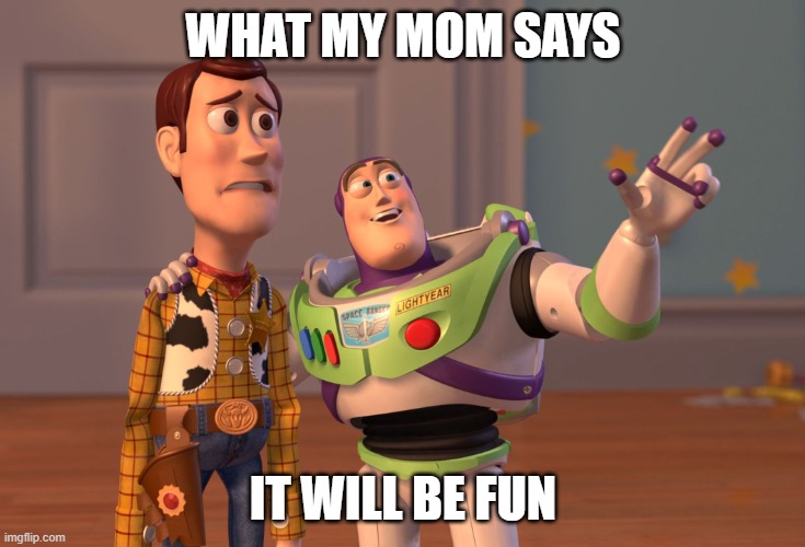 X, X Everywhere | WHAT MY MOM SAYS; IT WILL BE FUN | image tagged in memes,x x everywhere | made w/ Imgflip meme maker
