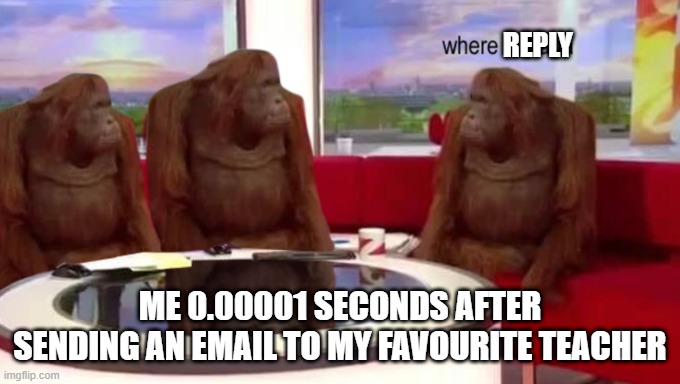 me with my english teacher | REPLY; ME 0.00001 SECONDS AFTER SENDING AN EMAIL TO MY FAVOURITE TEACHER | image tagged in where banana | made w/ Imgflip meme maker