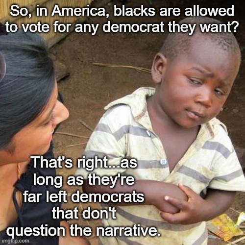 Third World Skeptical Kid Meme | So, in America, blacks are allowed to vote for any democrat they want? That's right...as long as they're far left democrats that don't quest | image tagged in memes,third world skeptical kid | made w/ Imgflip meme maker