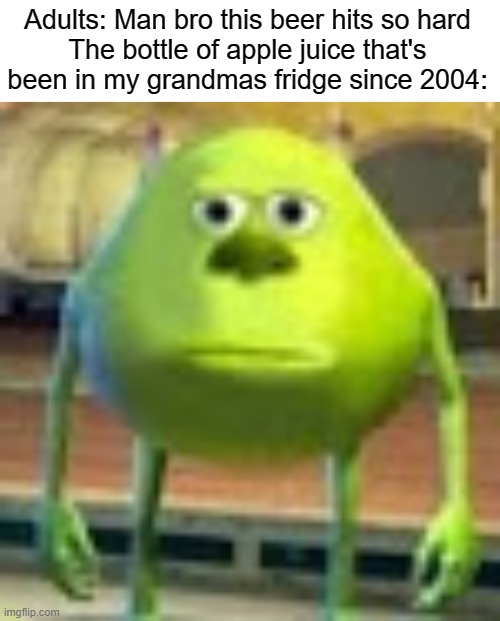 Funni Apple juice | Adults: Man bro this beer hits so hard
The bottle of apple juice that's been in my grandmas fridge since 2004: | image tagged in blank white template,sully wazowski | made w/ Imgflip meme maker