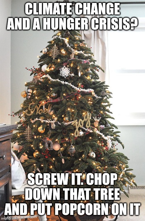 CLIMATE CHANGE AND A HUNGER CRISIS? SCREW IT. CHOP DOWN THAT TREE AND PUT POPCORN ON IT | image tagged in christmas,climate change | made w/ Imgflip meme maker