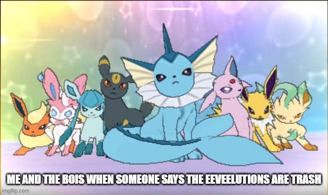 they gonna get roasted | ME AND THE BOIS WHEN SOMEONE SAYS THE EEVEELUTIONS ARE TRASH | image tagged in pokemon sun moon eevee squad | made w/ Imgflip meme maker