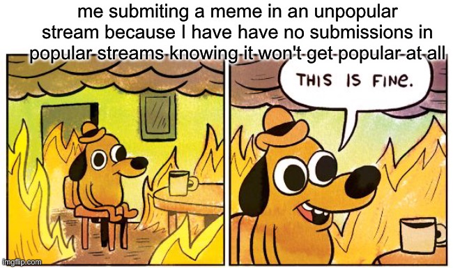 the meme, that is. | me submiting a meme in an unpopular stream because I have have no submissions in popular streams knowing it won't get popular at all | image tagged in blank white template,memes,this is fine,meme,streams,unpopular | made w/ Imgflip meme maker
