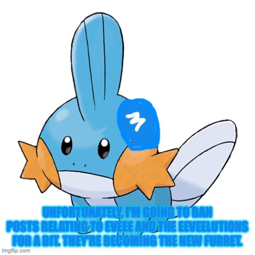 Mudkip Army | UNFORTUNATELY, I'M GOING TO BAN POSTS RELATING TO EVEEE AND THE EEVEELUTIONS FOR A BIT. THEY'RE BECOMING THE NEW FURRET. | image tagged in mudkip army | made w/ Imgflip meme maker