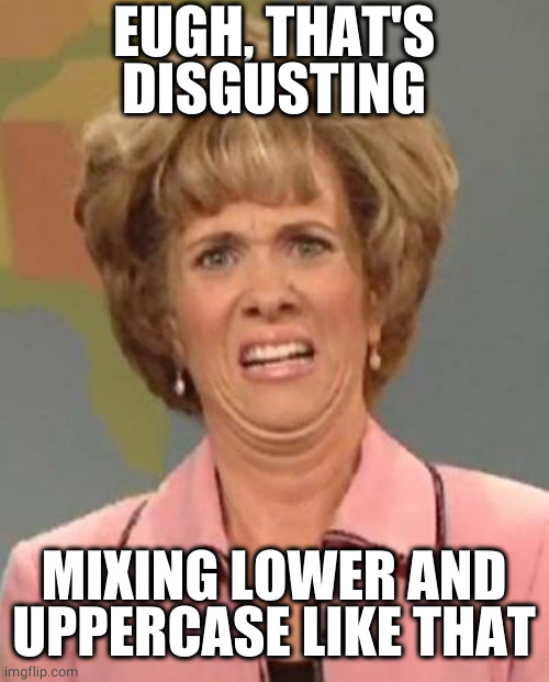 Disgusted Kristin Wiig | EUGH, THAT'S DISGUSTING MIXING LOWER AND UPPERCASE LIKE THAT | image tagged in disgusted kristin wiig | made w/ Imgflip meme maker