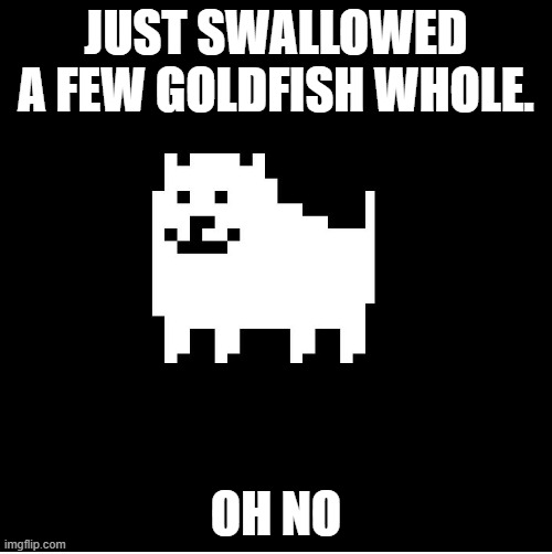 ohno | JUST SWALLOWED A FEW GOLDFISH WHOLE. OH NO | image tagged in annoying dog undertale | made w/ Imgflip meme maker
