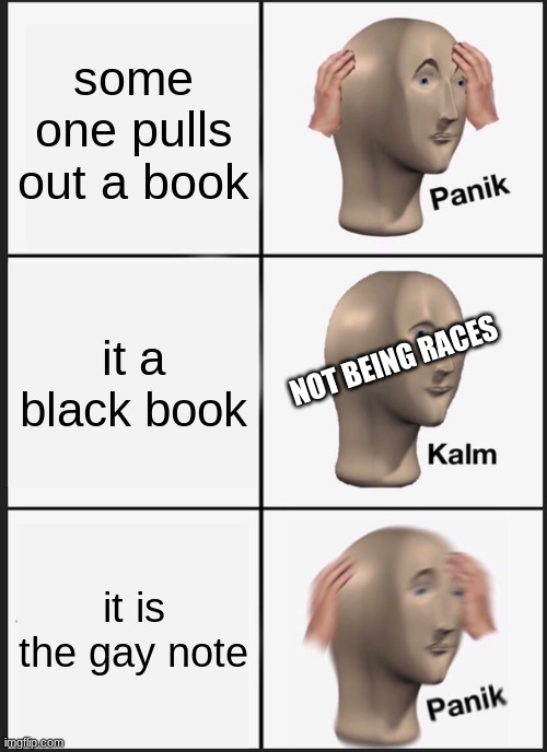 Panik Kalm Panik | some one pulls out a book; it a black book; NOT BEING RACES; it is the gay note | image tagged in memes,panik kalm panik | made w/ Imgflip meme maker