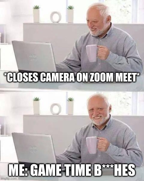 Online class got me like | *CLOSES CAMERA ON ZOOM MEET*; ME: GAME TIME B***HES | image tagged in memes,hide the pain harold | made w/ Imgflip meme maker