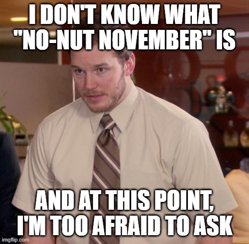 Afraid To Ask Andy Meme | I DON'T KNOW WHAT "NO-NUT NOVEMBER" IS; AND AT THIS POINT, I'M TOO AFRAID TO ASK | image tagged in memes,afraid to ask andy,no nut november | made w/ Imgflip meme maker