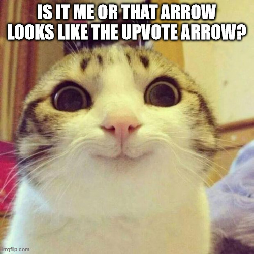 Smiling Cat Meme | IS IT ME OR THAT ARROW LOOKS LIKE THE UPVOTE ARROW? | image tagged in memes,smiling cat | made w/ Imgflip meme maker
