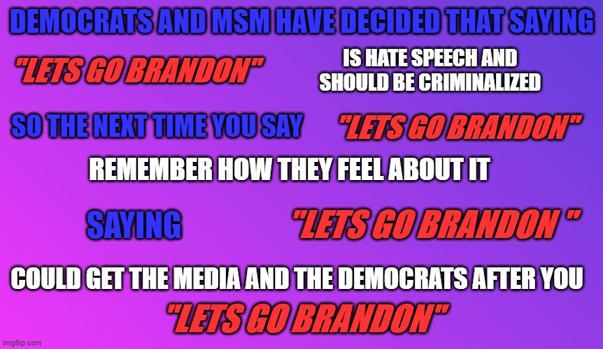 Lets Go Brandon | DEMOCRATS AND MSM HAVE DECIDED THAT SAYING; "LETS GO BRANDON"; IS HATE SPEECH AND SHOULD BE CRIMINALIZED; "LETS GO BRANDON"; SO THE NEXT TIME YOU SAY; REMEMBER HOW THEY FEEL ABOUT IT; "LETS GO BRANDON "; SAYING; COULD GET THE MEDIA AND THE DEMOCRATS AFTER YOU; "LETS GO BRANDON" | image tagged in lets go brandon,joe biden,democrats,free speech,politcs,memes | made w/ Imgflip meme maker