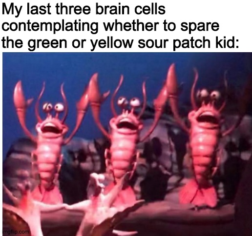 first meme here :) | My last three brain cells contemplating whether to spare the green or yellow sour patch kid: | image tagged in blank white template,funny,memes,funny memes,barney will eat all of your delectable biscuits,lol | made w/ Imgflip meme maker
