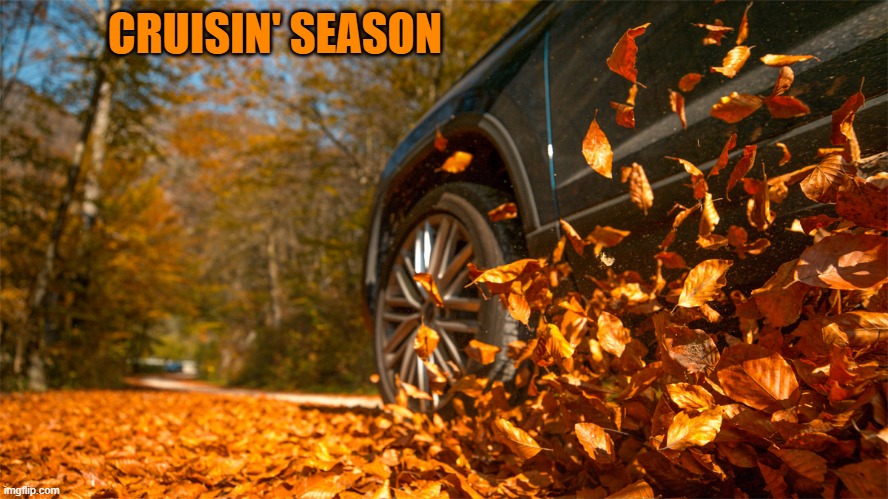 I LOVE DRIVIN AROUND IN FALL | CRUISIN' SEASON | image tagged in cars,driving,fall | made w/ Imgflip meme maker