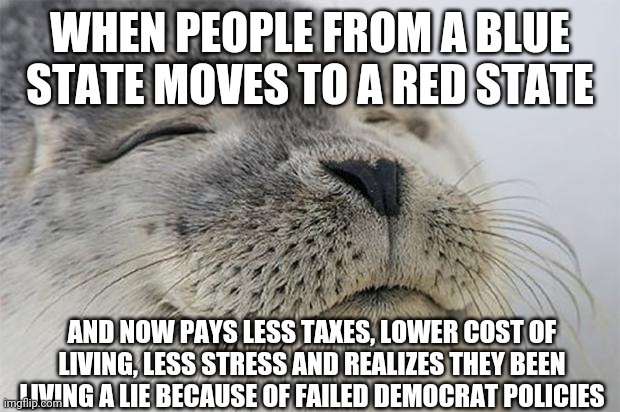 Finally finding peace | WHEN PEOPLE FROM A BLUE STATE MOVES TO A RED STATE; AND NOW PAYS LESS TAXES, LOWER COST OF LIVING, LESS STRESS AND REALIZES THEY BEEN LIVING A LIE BECAUSE OF FAILED DEMOCRAT POLICIES | image tagged in memes,satisfied seal | made w/ Imgflip meme maker