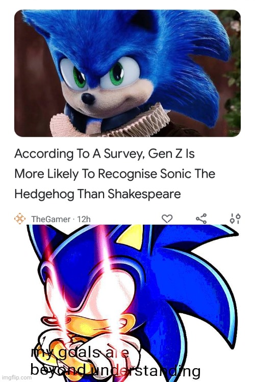 Sonic becomes popular than Shakespeare | image tagged in white box,sonic the hedgehog,my goals are beyond your understanding | made w/ Imgflip meme maker