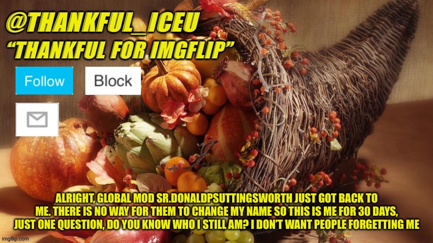 And I also don’t want people saying “WhY iS yOuR nAmE tUrKeY_” | ALRIGHT, GLOBAL MOD SR.DONALDPSUTTINGSWORTH JUST GOT BACK TO ME. THERE IS NO WAY FOR THEM TO CHANGE MY NAME SO THIS IS ME FOR 30 DAYS, JUST ONE QUESTION, DO YOU KNOW WHO I STILL AM? I DON’T WANT PEOPLE FORGETTING ME | image tagged in dr_iceu thanksgiving template | made w/ Imgflip meme maker