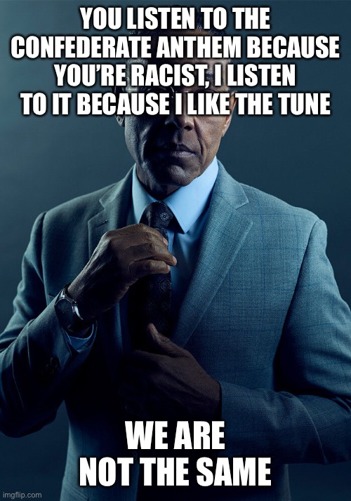 And I still think Union Dixie is way better | YOU LISTEN TO THE CONFEDERATE ANTHEM BECAUSE YOU’RE RACIST, I LISTEN TO IT BECAUSE I LIKE THE TUNE; WE ARE NOT THE SAME | image tagged in gus fring we are not the same | made w/ Imgflip meme maker