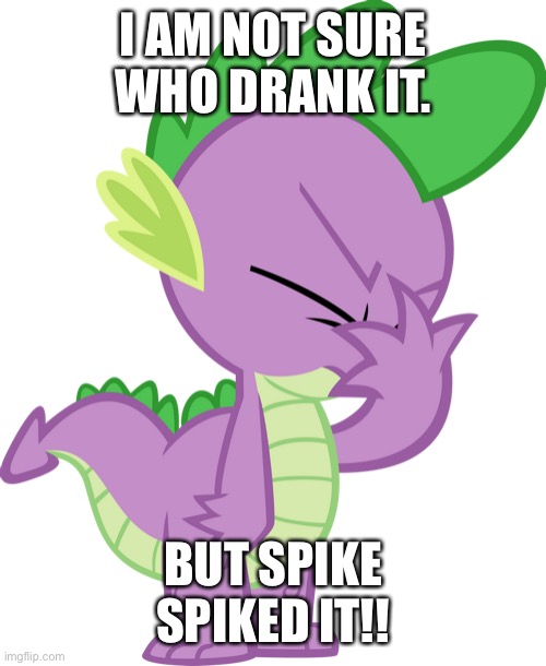 I AM NOT SURE WHO DRANK IT. BUT SPIKE SPIKED IT!! | image tagged in spike facepalm mlp | made w/ Imgflip meme maker
