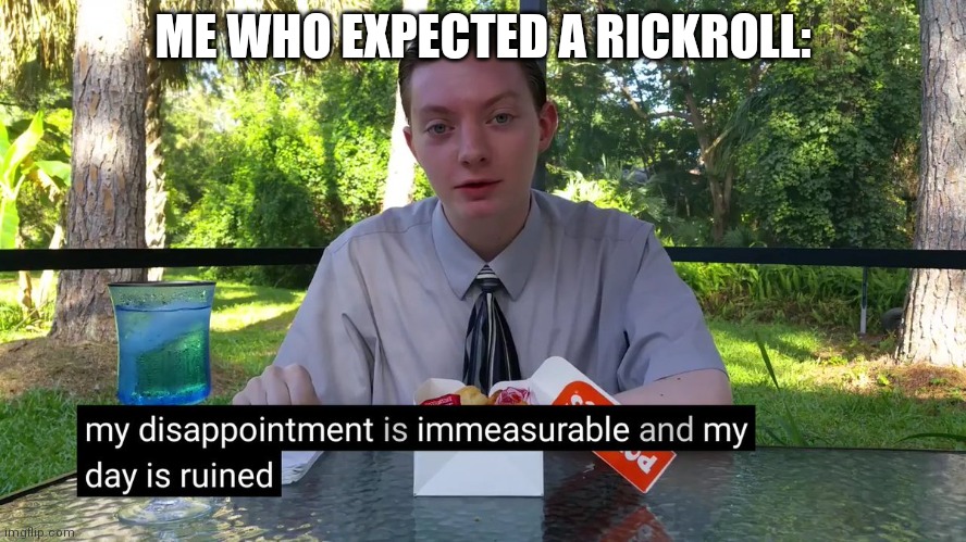My Disappointment Is Immeasurable | ME WHO EXPECTED A RICKROLL: | image tagged in my disappointment is immeasurable | made w/ Imgflip meme maker
