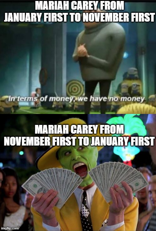 ALL I WANT FOR CHRISTMAS IS YOUUUUUUUUUU |  MARIAH CAREY FROM JANUARY FIRST TO NOVEMBER FIRST; MARIAH CAREY FROM NOVEMBER FIRST TO JANUARY FIRST | image tagged in in terms of money,memes,money money,mariah carey,youtube | made w/ Imgflip meme maker