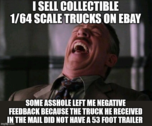 "My Face When..." laughing meme | I SELL COLLECTIBLE 1/64 SCALE TRUCKS ON EBAY; SOME ASSHOLE LEFT ME NEGATIVE FEEDBACK BECAUSE THE TRUCK HE RECEIVED IN THE MAIL DID NOT HAVE A 53 FOOT TRAILER | image tagged in my face when laughing meme | made w/ Imgflip meme maker