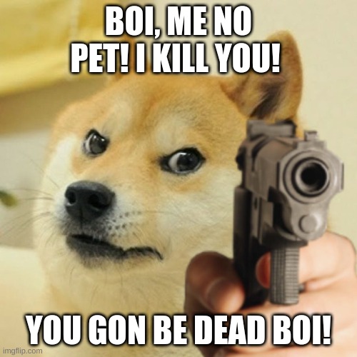 Murderous DOGE | BOI, ME NO PET! I KILL YOU! YOU GON BE DEAD BOI! | image tagged in doge holding a gun,funny memes | made w/ Imgflip meme maker