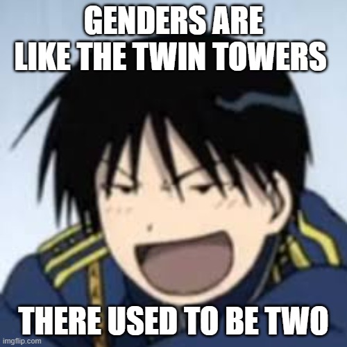 :D | GENDERS ARE LIKE THE TWIN TOWERS; THERE USED TO BE TWO | image tagged in d | made w/ Imgflip meme maker