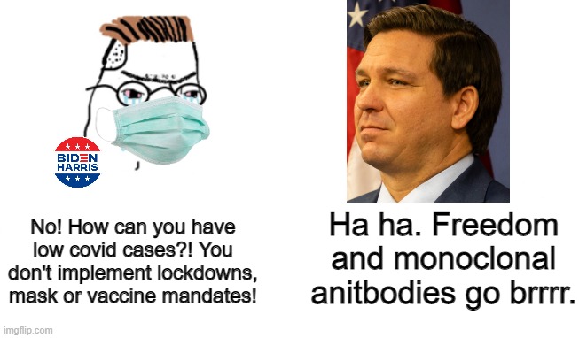 May I just remind people that Ron DeSantis' Florida has the lowest amount of covid cases per capita than any lockdown states | Ha ha. Freedom and monoclonal anitbodies go brrrr. No! How can you have low covid cases?! You don't implement lockdowns, mask or vaccine mandates! | image tagged in no you can't just,florida | made w/ Imgflip meme maker