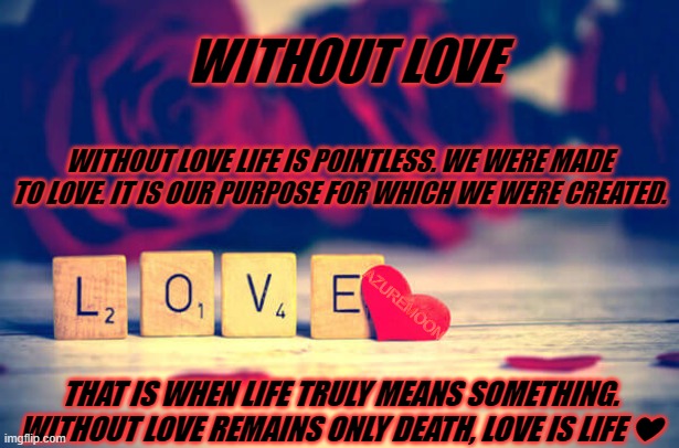 LOVE CREATES THE REASON |  WITHOUT LOVE; WITHOUT LOVE LIFE IS POINTLESS. WE WERE MADE TO LOVE. IT IS OUR PURPOSE FOR WHICH WE WERE CREATED. AZUREMOON; THAT IS WHEN LIFE TRULY MEANS SOMETHING. WITHOUT LOVE REMAINS ONLY DEATH, LOVE IS LIFE ❤ | image tagged in true love,purpose,the meaning of life,death note,inspirational memes,inspire the people | made w/ Imgflip meme maker