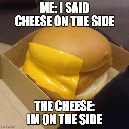 I WANTED IT ON THE SIDE | ME: I SAID CHEESE ON THE SIDE; THE CHEESE: IM ON THE SIDE | image tagged in you had one job,cheese,side | made w/ Imgflip meme maker