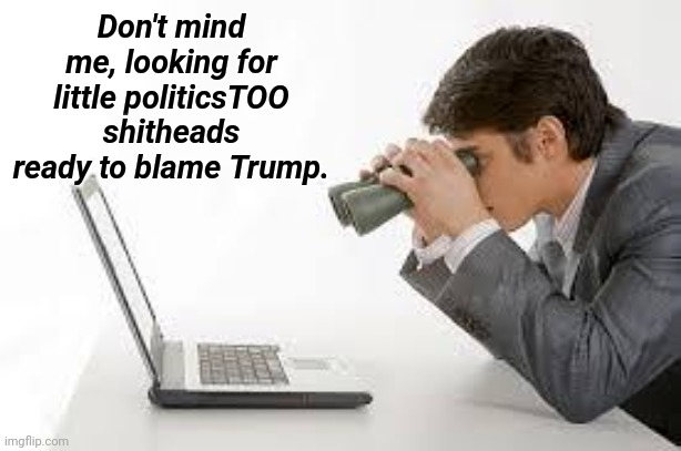 Searching Computer | Don't mind me, looking for little politicsTOO shitheads ready to blame Trump. | image tagged in searching computer | made w/ Imgflip meme maker