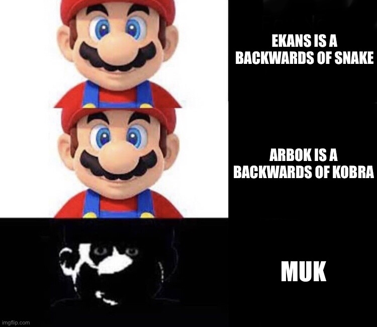 muk | EKANS IS A BACKWARDS OF SNAKE; ARBOK IS A BACKWARDS OF KOBRA; MUK | image tagged in mario dark three panel | made w/ Imgflip meme maker