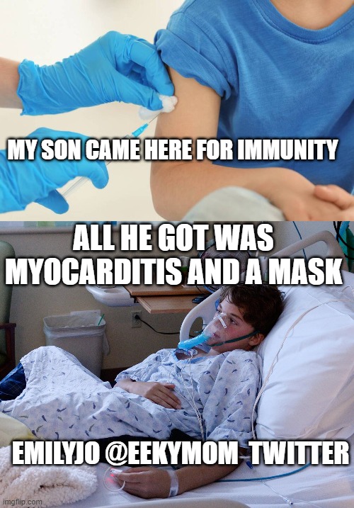 Came for immunity got myocarditis | MY SON CAME HERE FOR IMMUNITY; ALL HE GOT WAS MYOCARDITIS AND A MASK; EMILYJO @EEKYMOM  TWITTER | made w/ Imgflip meme maker