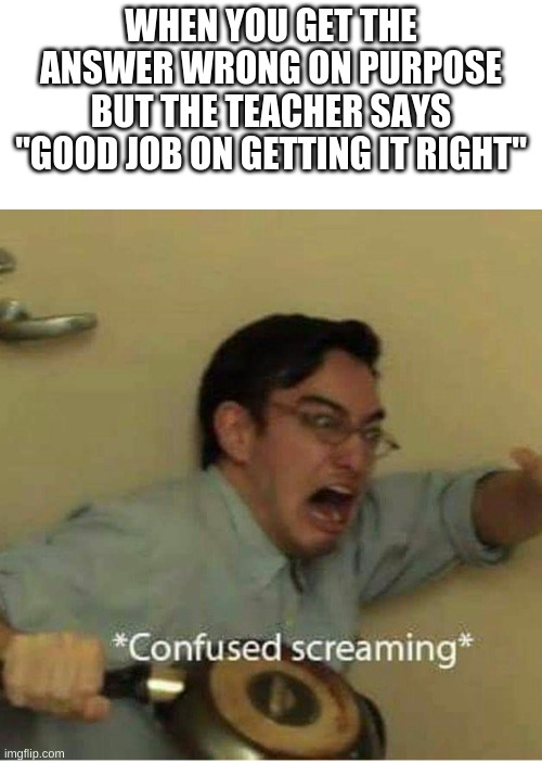 I actually had this happen to me | WHEN YOU GET THE ANSWER WRONG ON PURPOSE BUT THE TEACHER SAYS "GOOD JOB ON GETTING IT RIGHT" | image tagged in confused screaming | made w/ Imgflip meme maker