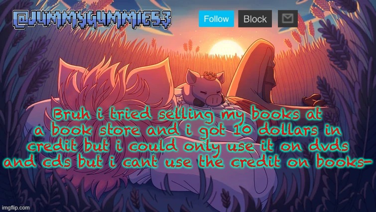 And when i asked if i could get the money in cash, the cashier said he could give me $2 in cash | Bruh i tried selling my books at a book store and i got 10 dollars in credit but i could only use it on dvds and cds but i cant use the credit on books- | image tagged in jummy s technoblade temp | made w/ Imgflip meme maker