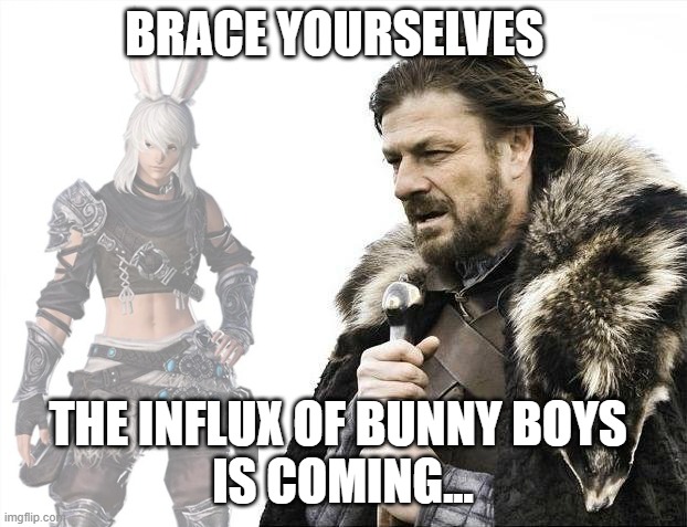 M_viera |  BRACE YOURSELVES; THE INFLUX OF BUNNY BOYS 
IS COMING... | image tagged in memes,brace yourselves x is coming,final fantasy | made w/ Imgflip meme maker