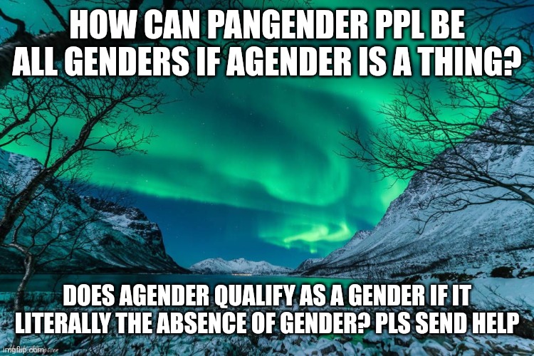 I don't understand ?? | HOW CAN PANGENDER PPL BE ALL GENDERS IF AGENDER IS A THING? DOES AGENDER QUALIFY AS A GENDER IF IT LITERALLY THE ABSENCE OF GENDER? PLS SEND HELP | image tagged in northern lights announcement | made w/ Imgflip meme maker